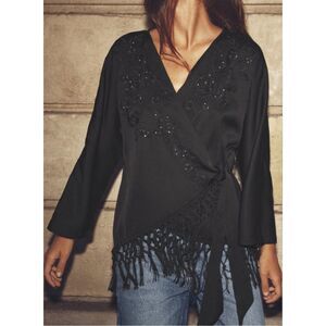 ZARA Black Embroidered Beaded Detail Fringed Kimono Front-Tie Wrap Size L